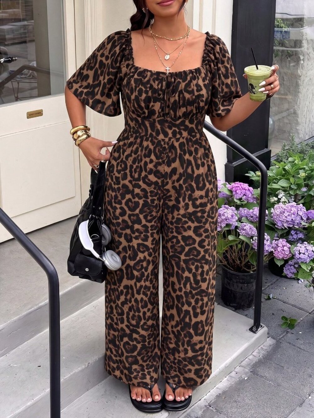 Multicolor Casual Women's Plus Size Leopard Print Short Sleeve Wide Leg Jumpsuit